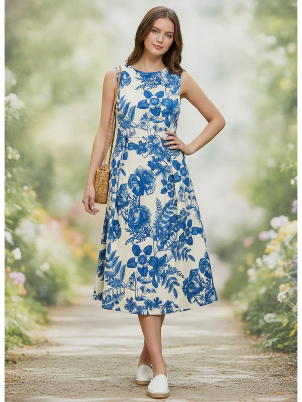 New Without Tags | ASOS | 2 | Blue and White Toile Floral Fit & Flare midi fress
